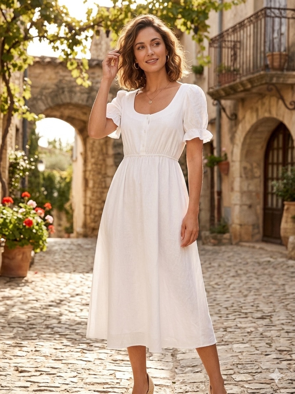 White Puff-Sleeve Maxi Dress with Elastic Waist